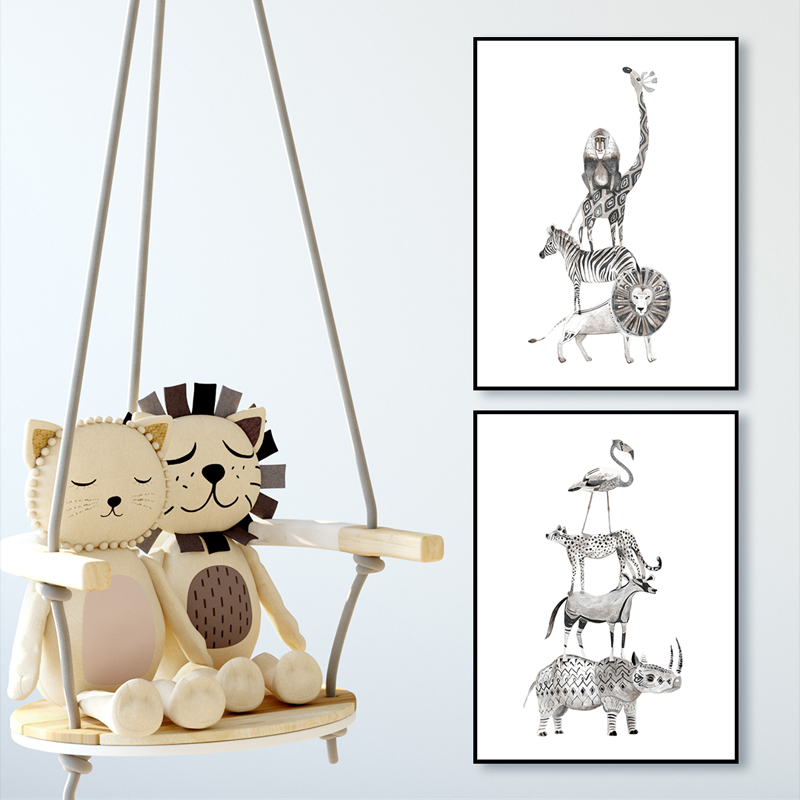 Kids-animals-lion-zebra-giraffe-ape-rhino-bird-deer-cheetah-nursery-playroom-black-white