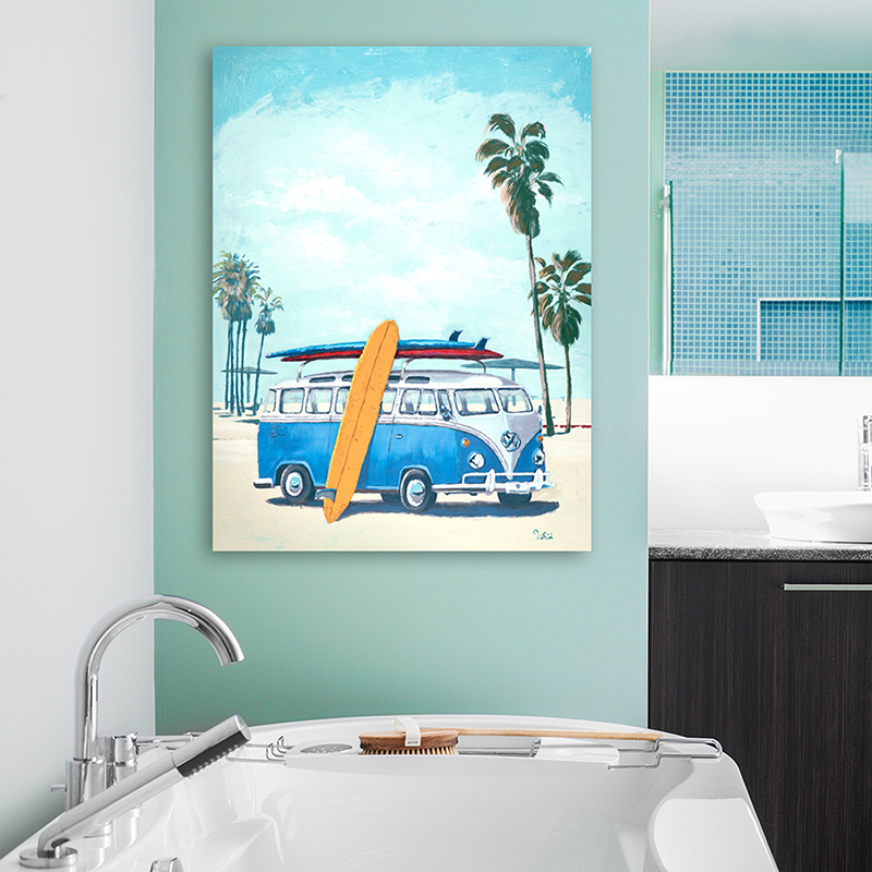 Bathroom-art-summer-beach-camper-surfboard-blue-palm-trees